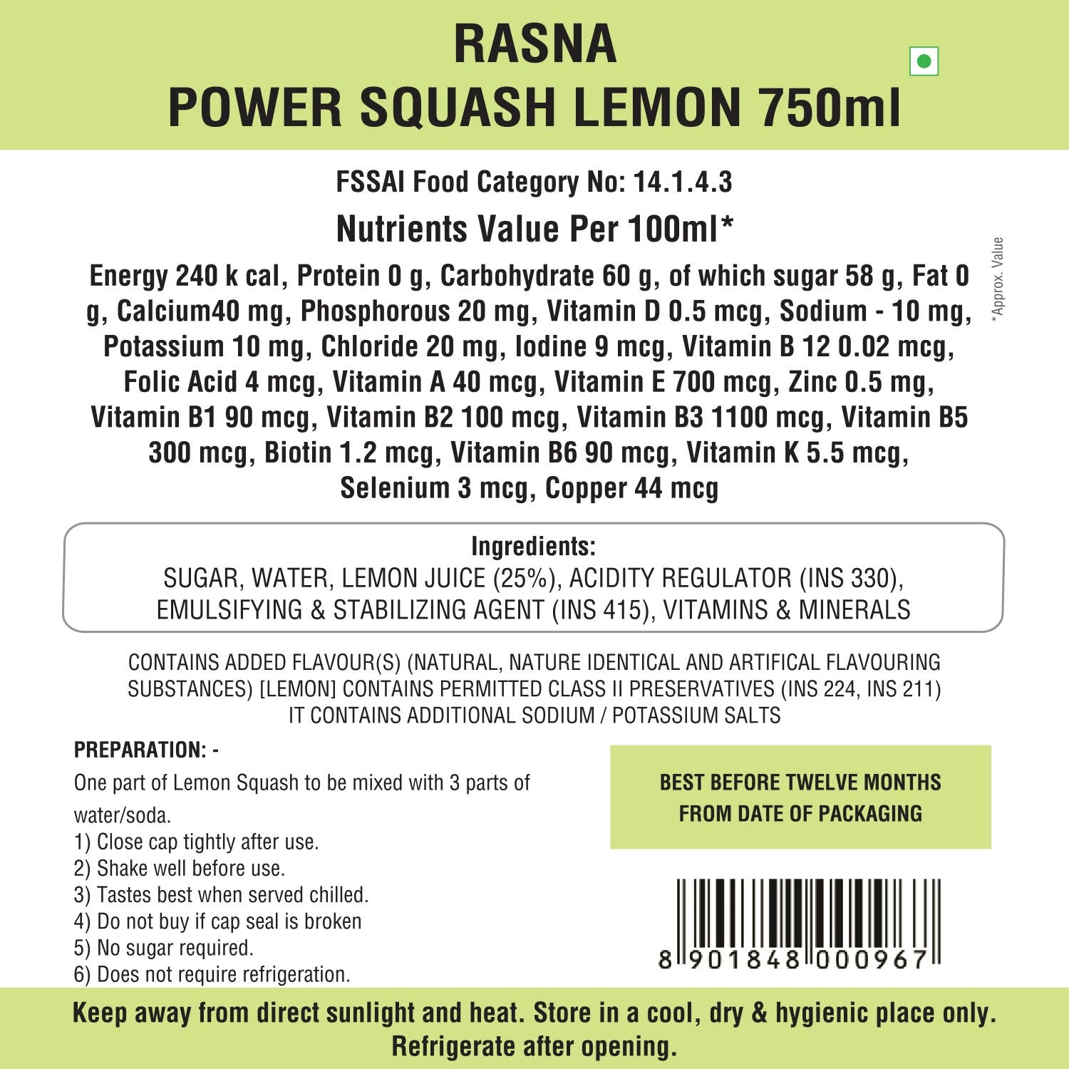 Rasna Nutri+ Squash 750 ml-Lemon