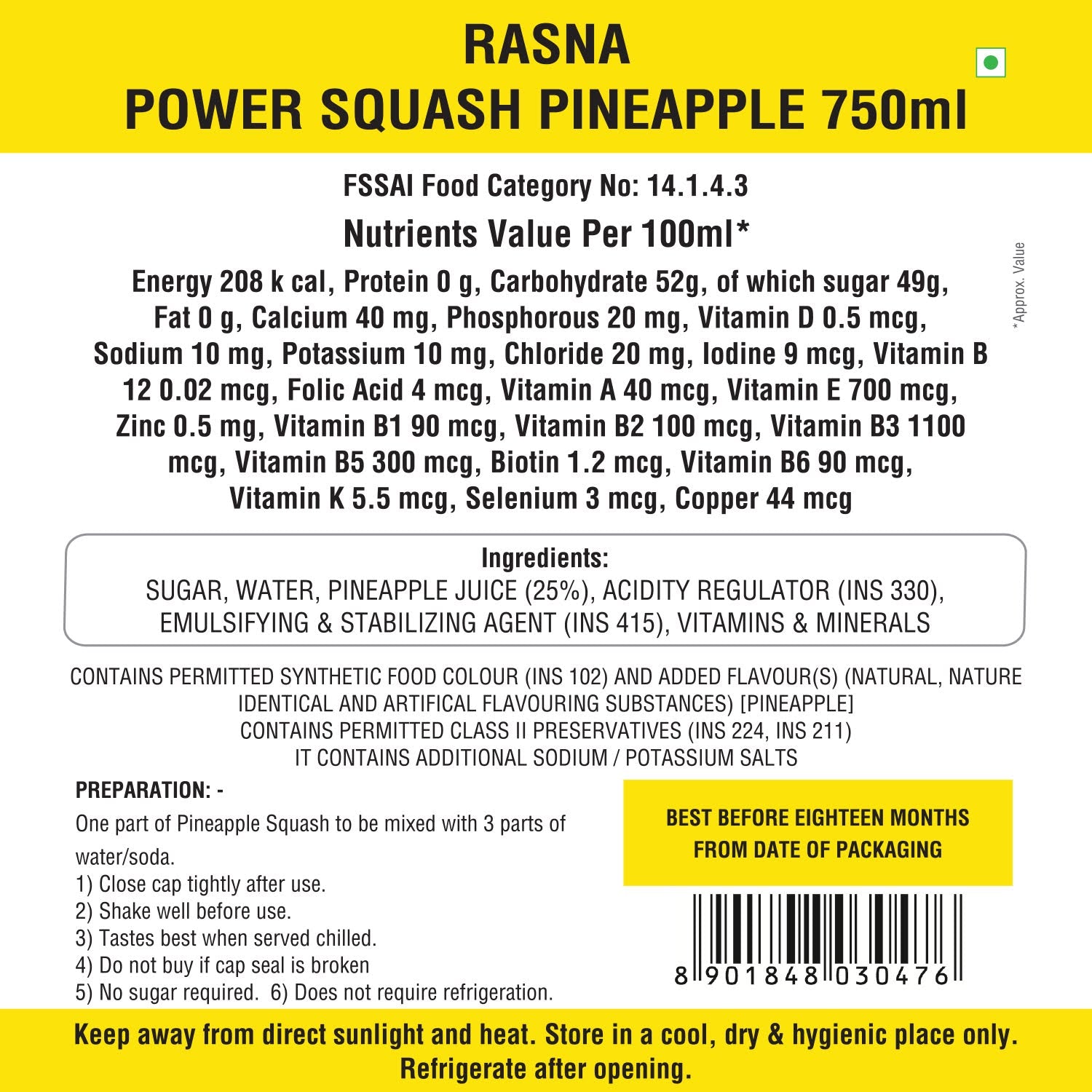 Rasna Nutri+ Squash 750 ml-Pineapple