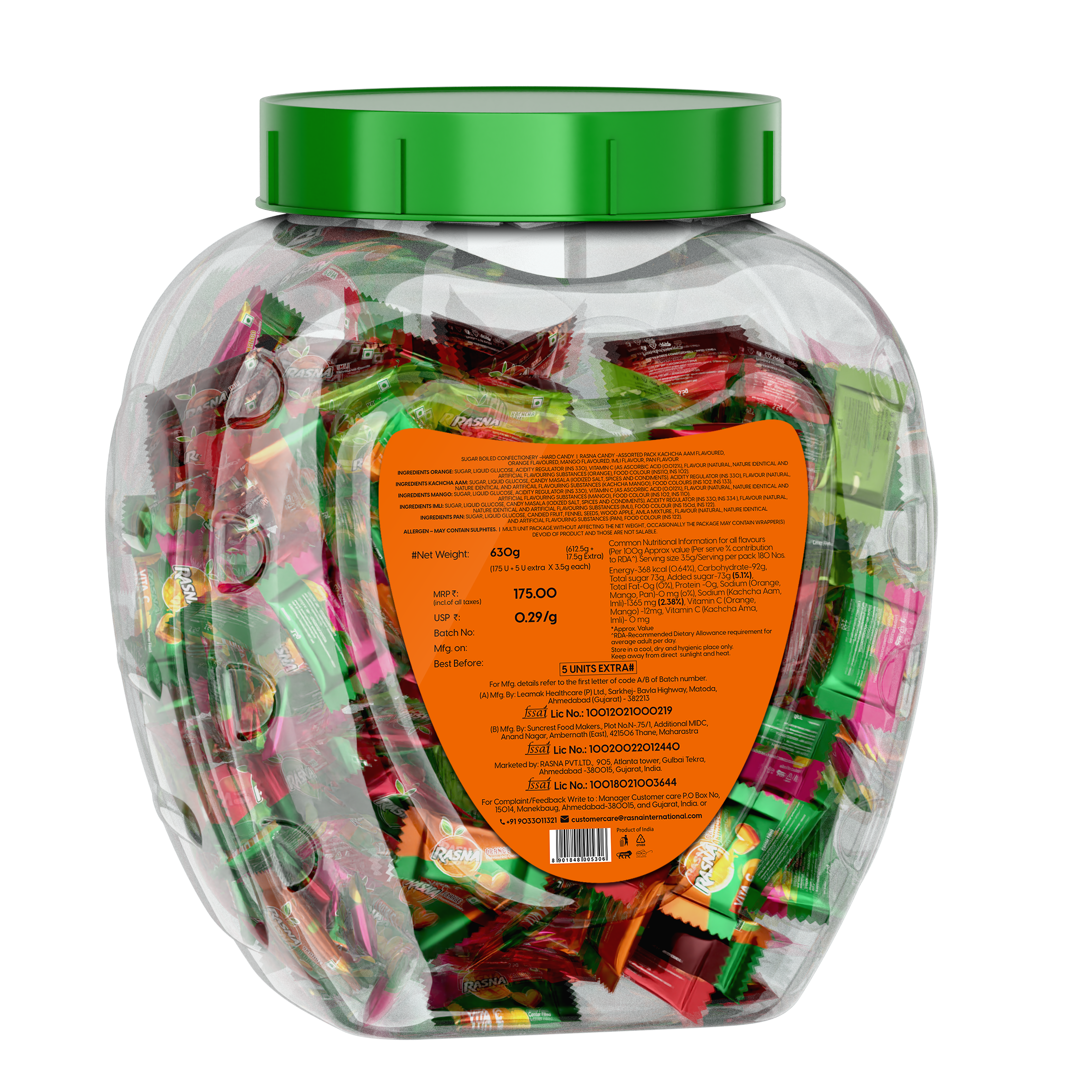 Rasna Candy Jar  Assorted ( ORG + MNG + KAM +Imli +Pan ) 175 PCS + 5 PCS