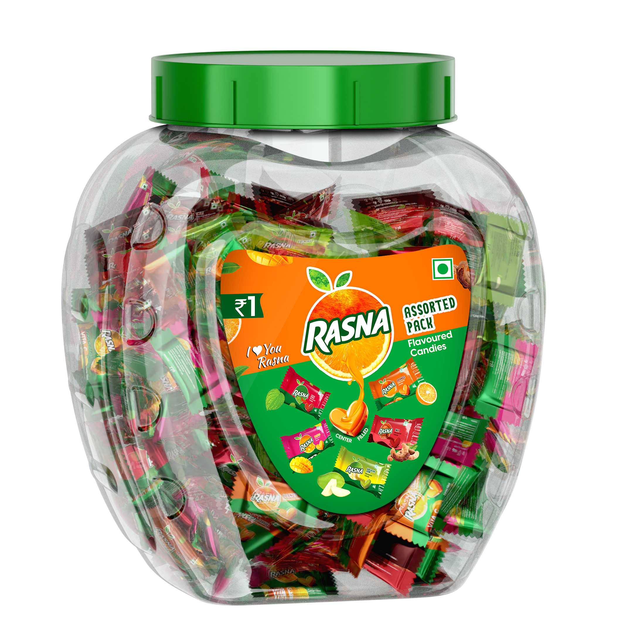 Rasna Candy Jar  Assorted ( ORG + MNG + KAM +Imli +Pan ) 175 PCS + 5 PCS