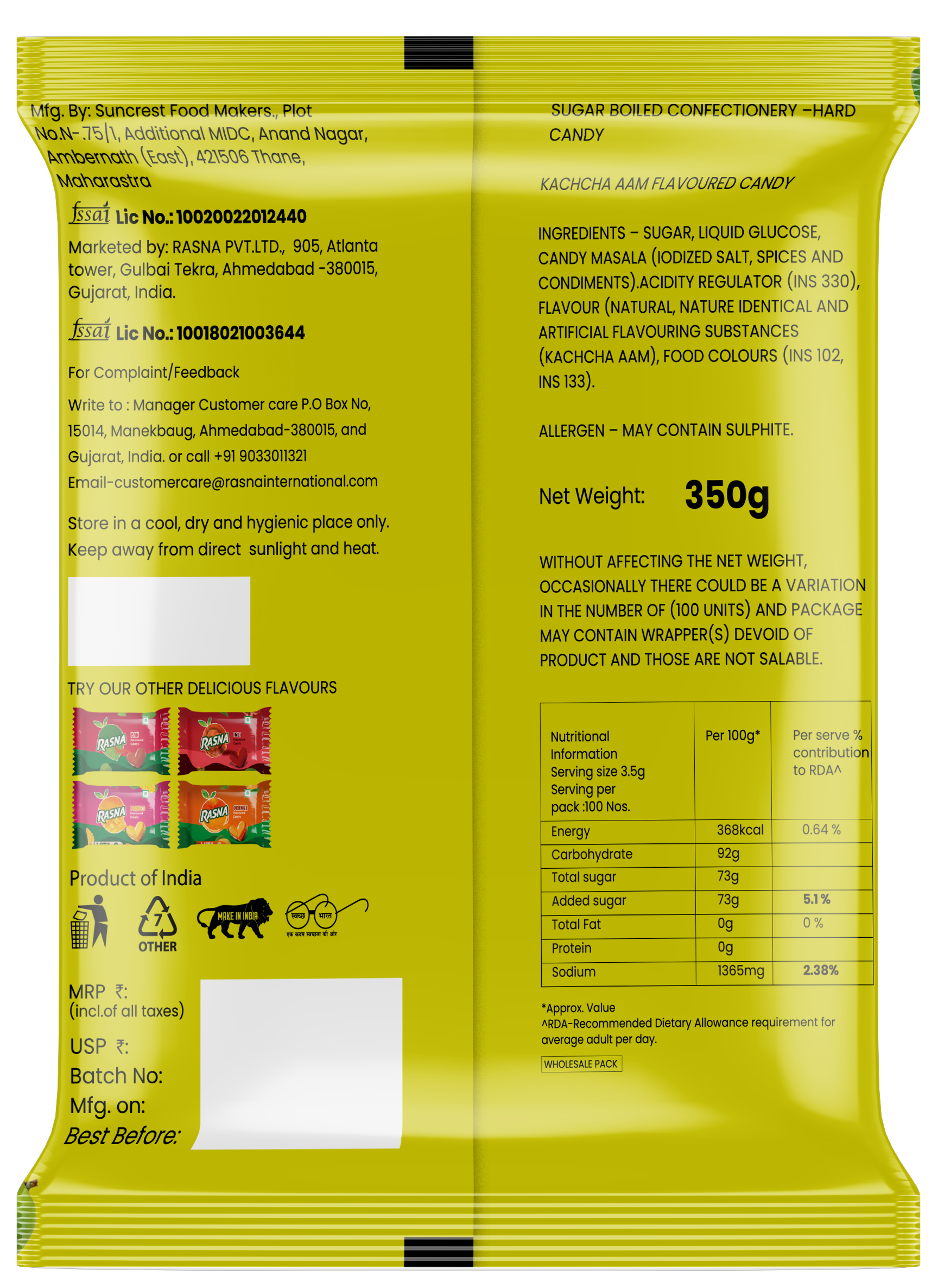 Rasna Candy Pouches Kachacha aam 100 PCS