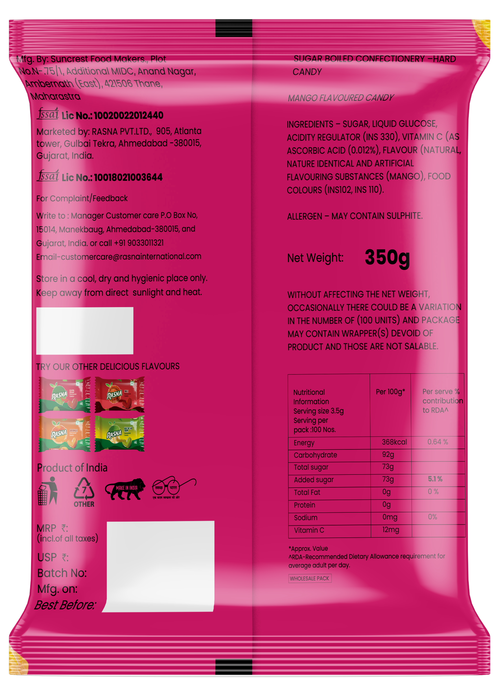 Rasna Candy Pouches Mango 100 PCS