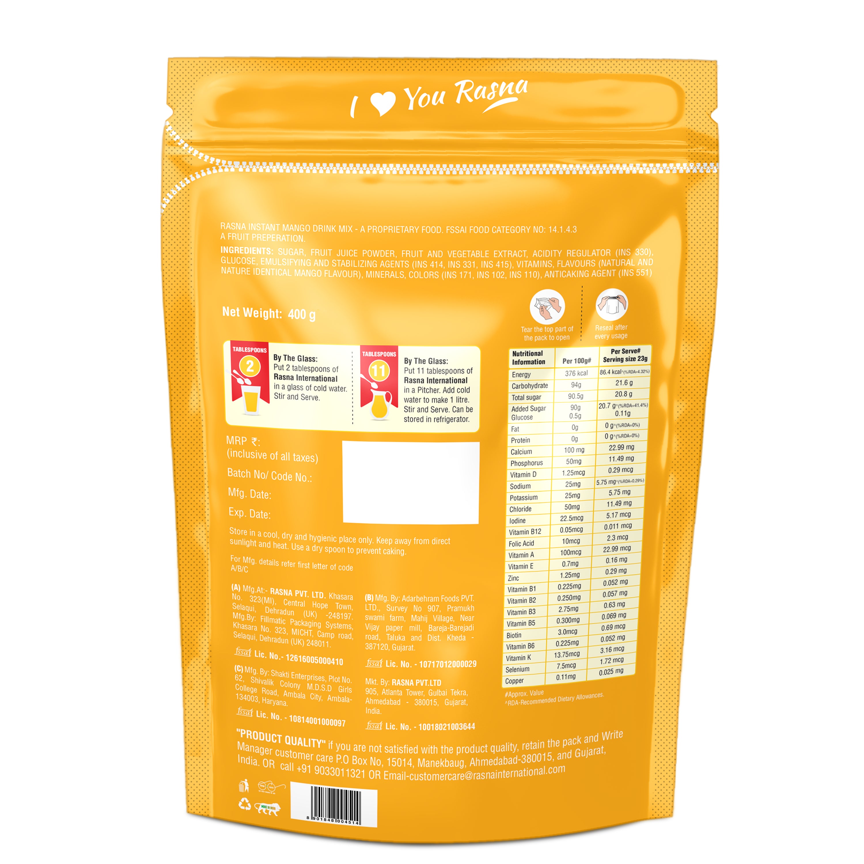 Rasna International 400gm Zipper Pouch Orange + Mango