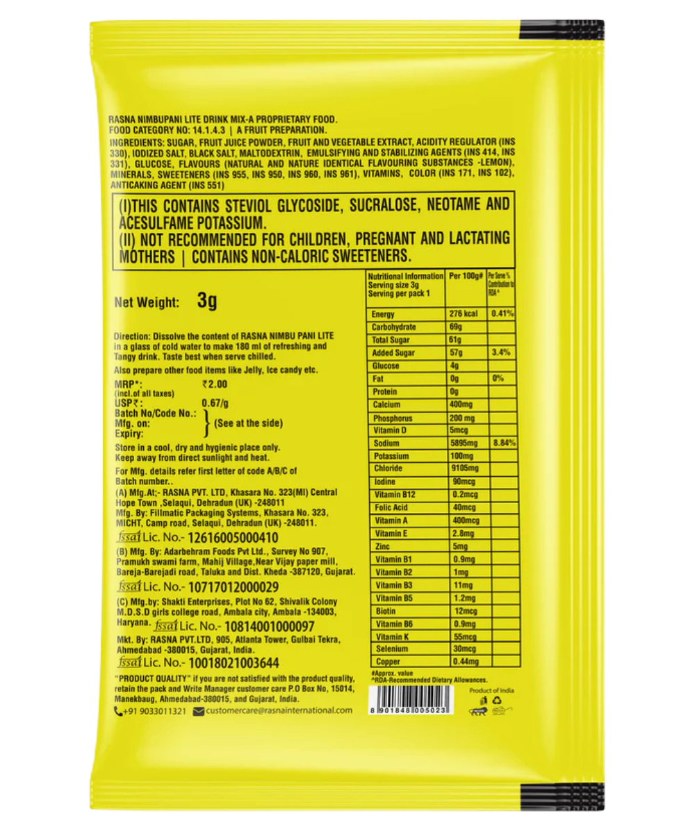 Rasna Ghar Ka Nimbupani 3g (Pack of 100)
