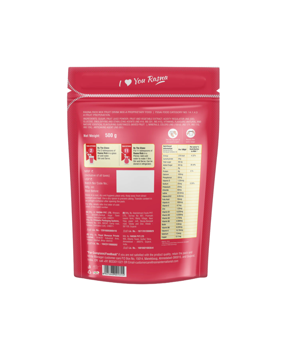 Rasna Rich Zipper Pack - Mixed Fruit Flavour