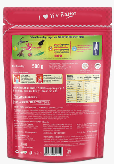 Rasna Insta Nutri+ 500g Zipper Pouch: Mixed Fruit Flavour
